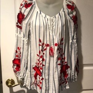 INC Embroidered Peasant blouse M White Red Flowers